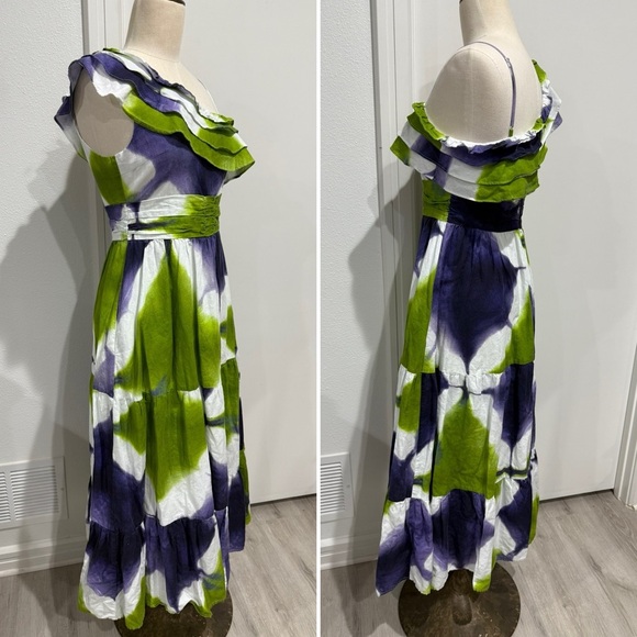 Busayo One Shoulder Ruffle Tie Dye Maxi Purple White and Green Dress - 6 - Picture 4 of 7